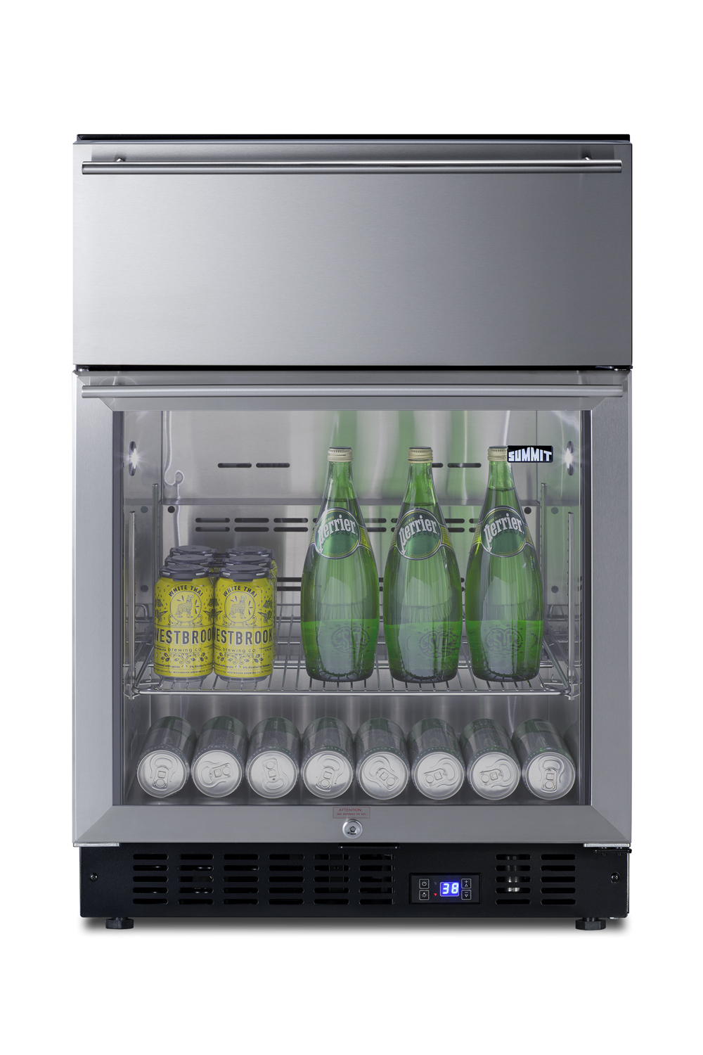 Commercially approved 4.76 cu.ft. undercounter beverage center with glass door and upper refrigerated drawer compartment